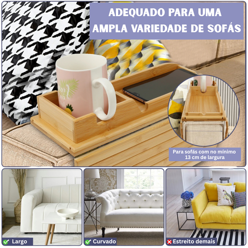 Bandeja Dobrável para Braço de Sofá com Porta-Copos em Bambu Antiderrapante