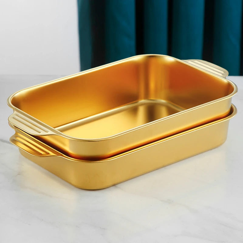 Assadeira Retangular de Aço Inoxidável Dourado – Ideal para Bolos, Pães, Frutos do Mar e Grelhados