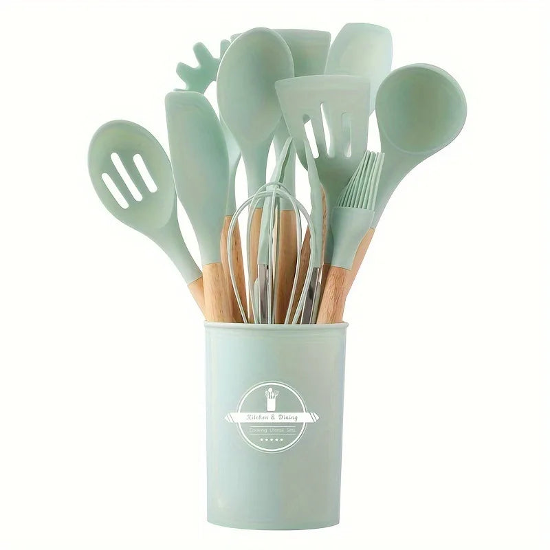 Conjunto de Utensílios de Cozinha com Cabo de Madeira - 12 Peças