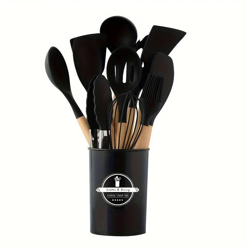 Conjunto de Utensílios de Cozinha com Cabo de Madeira - 12 Peças