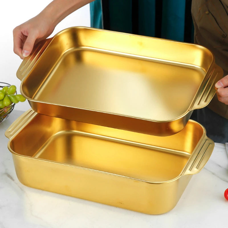Assadeira Retangular de Aço Inoxidável Dourado – Ideal para Bolos, Pães, Frutos do Mar e Grelhados