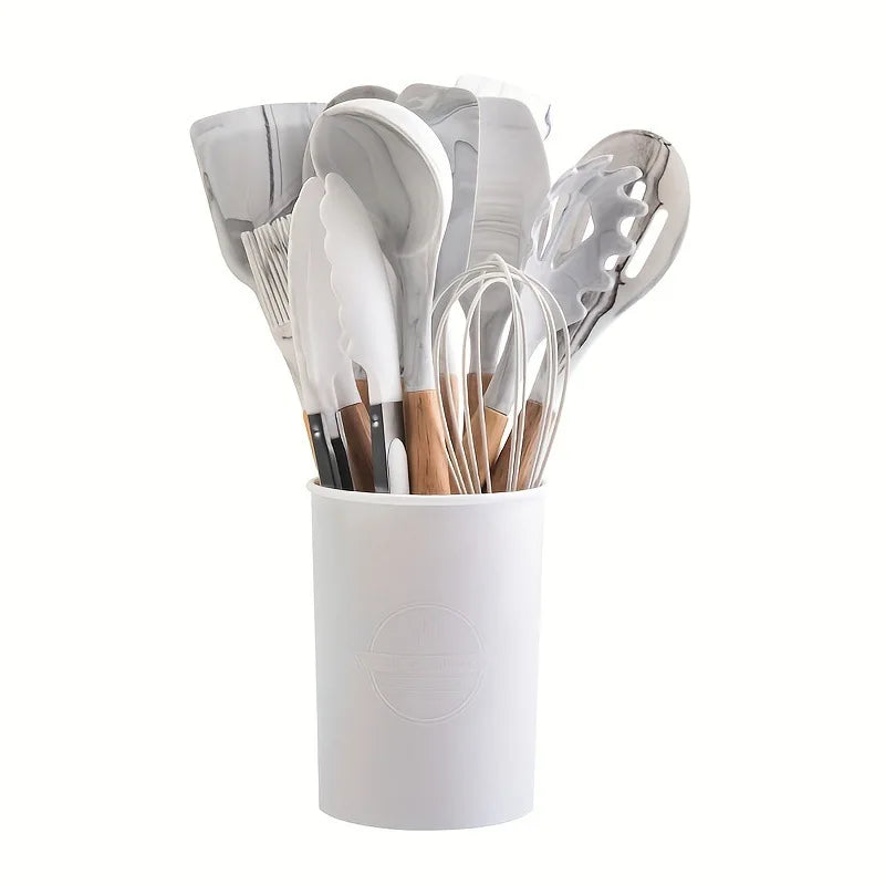 Conjunto de Utensílios de Cozinha com Cabo de Madeira - 12 Peças