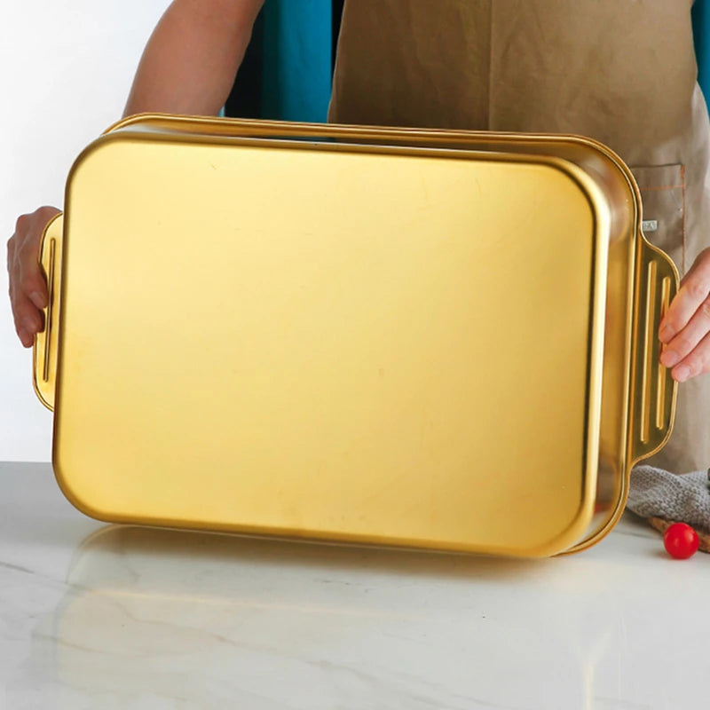 Assadeira Retangular de Aço Inoxidável Dourado – Ideal para Bolos, Pães, Frutos do Mar e Grelhados