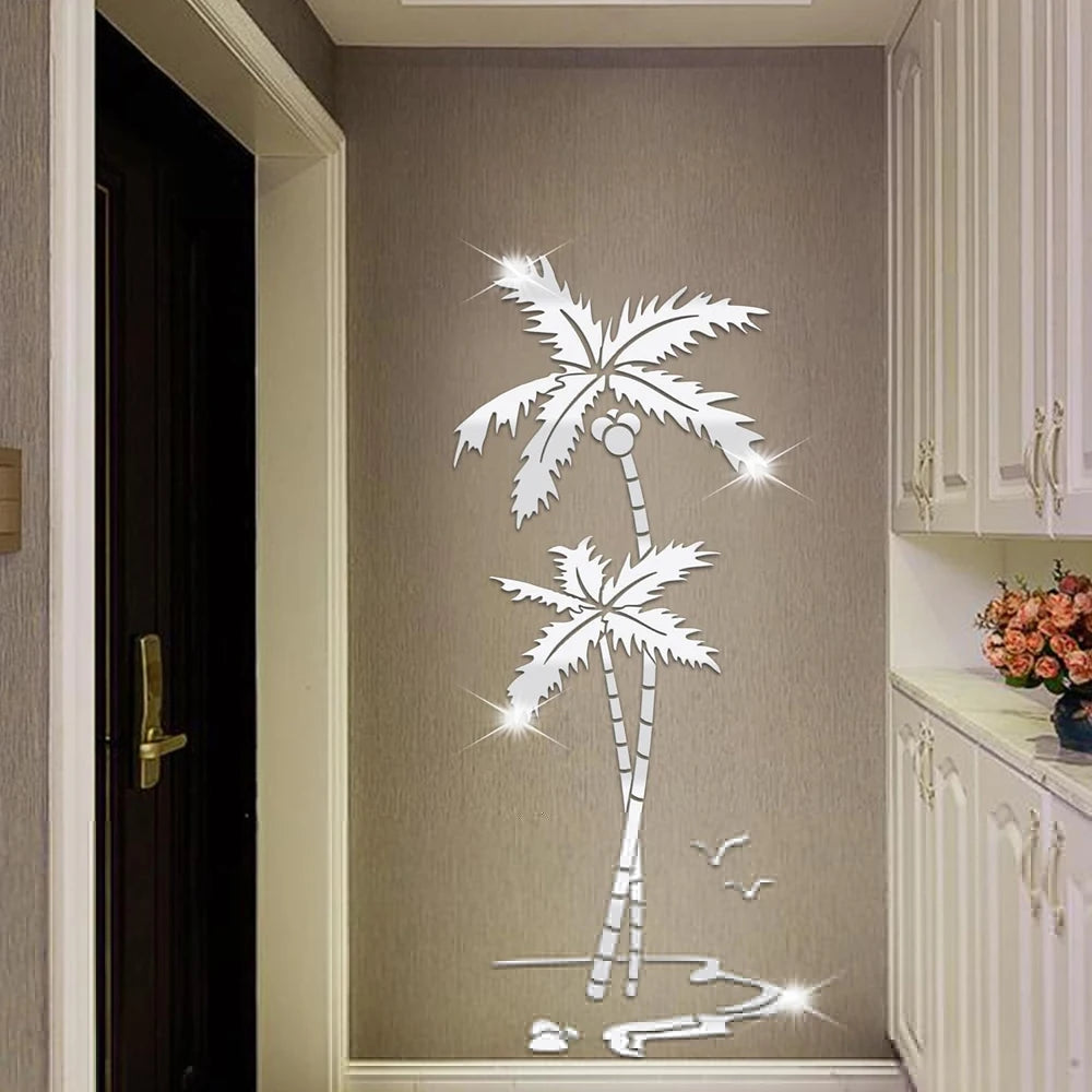 🌴✨ Adesivo de Parede Espelhado 3D – Árvore de Coco em Acrílico