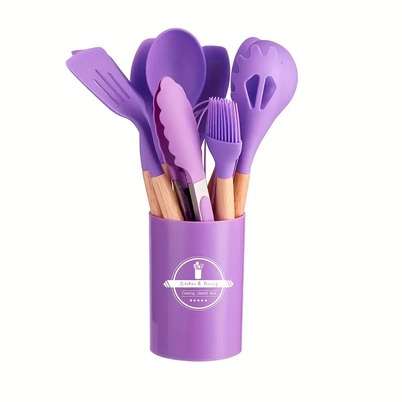 Conjunto de Utensílios de Cozinha com Cabo de Madeira - 12 Peças