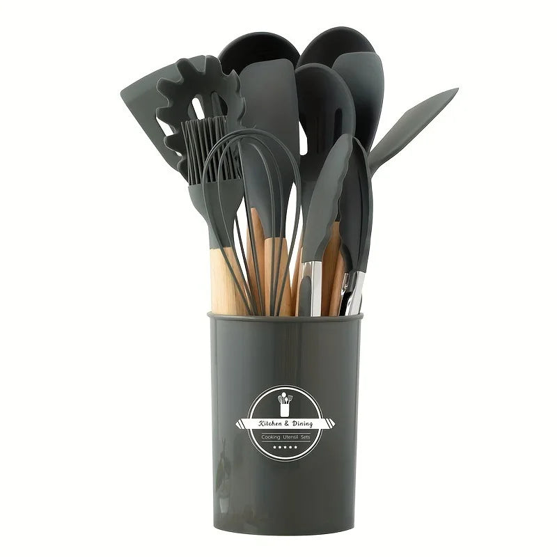 Conjunto de Utensílios de Cozinha com Cabo de Madeira - 12 Peças