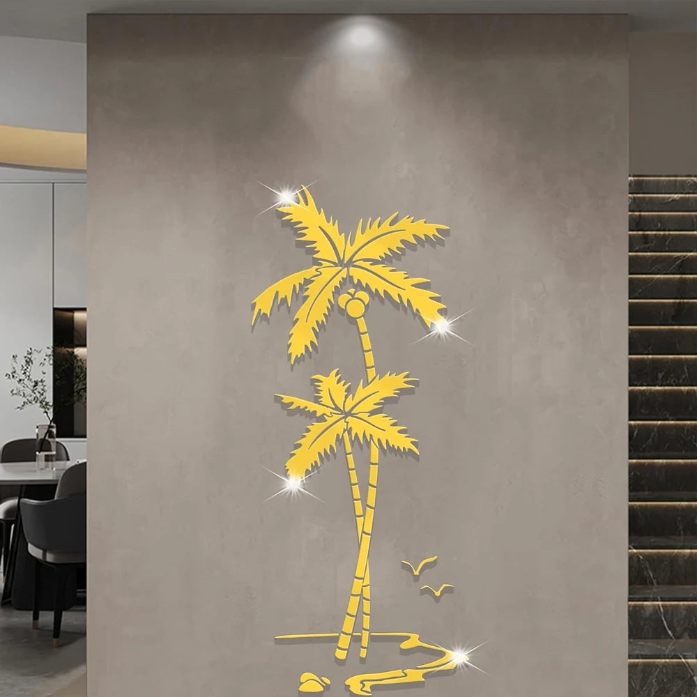 🌴✨ Adesivo de Parede Espelhado 3D – Árvore de Coco em Acrílico
