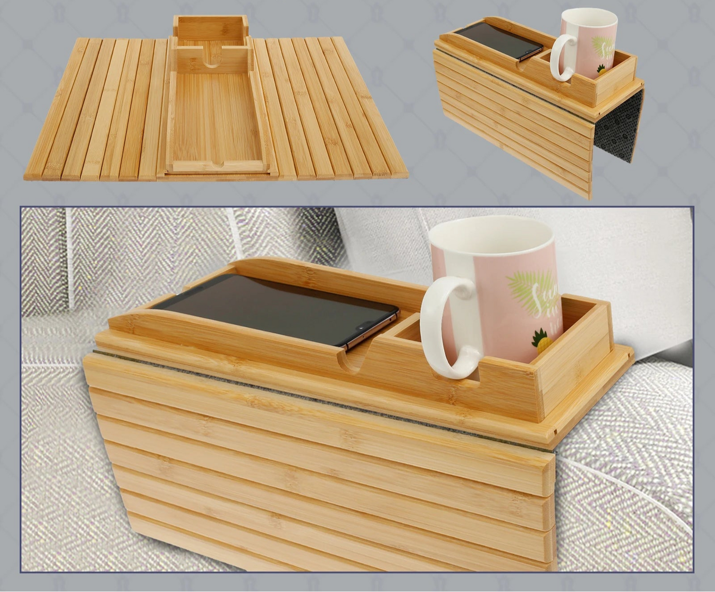 Bandeja Dobrável para Braço de Sofá com Porta-Copos em Bambu Antiderrapante