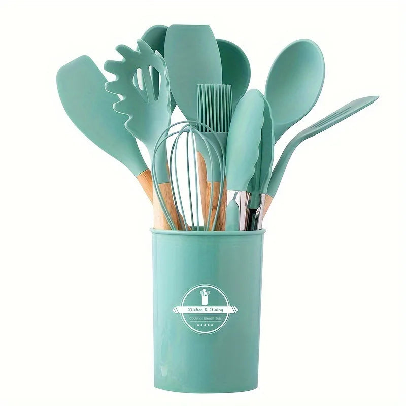 Conjunto de Utensílios de Cozinha com Cabo de Madeira - 12 Peças