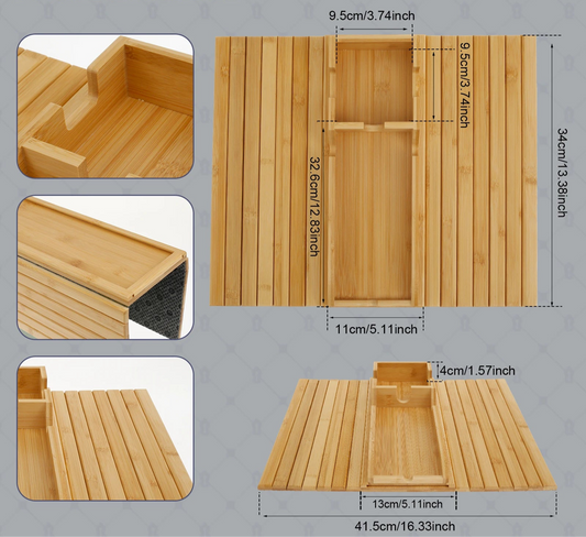 Bandeja Dobrável para Braço de Sofá com Porta-Copos em Bambu Antiderrapante