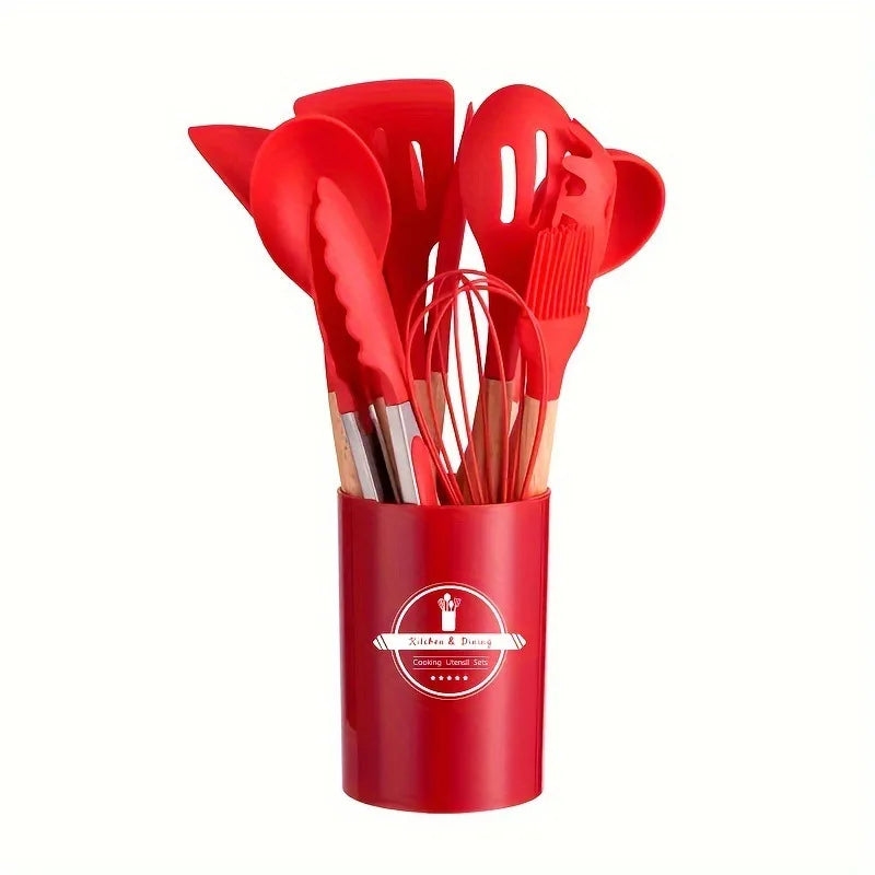 Conjunto de Utensílios de Cozinha com Cabo de Madeira - 12 Peças