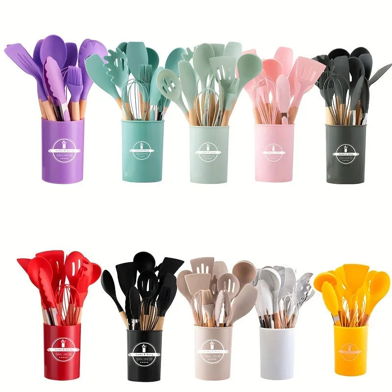 Conjunto de Utensílios de Cozinha com Cabo de Madeira - 12 Peças