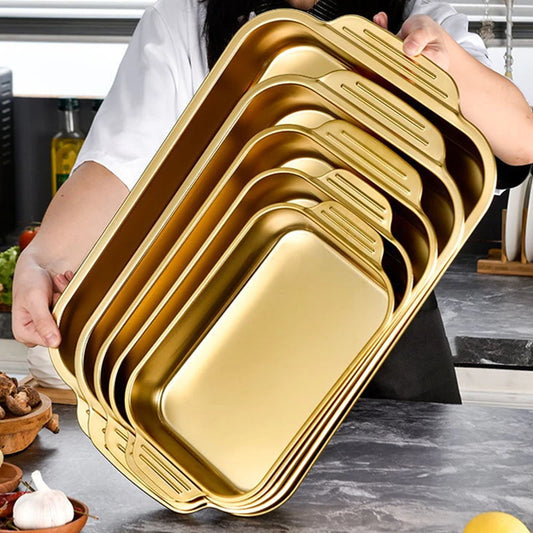 Assadeira Retangular de Aço Inoxidável Dourado – Ideal para Bolos, Pães, Frutos do Mar e Grelhados